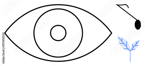 Vision, nature, minimalism, eye health, design aesthetics, environmental awareness. Abstract eye outline with a leaf and minimal decorations. Vision and nature concept