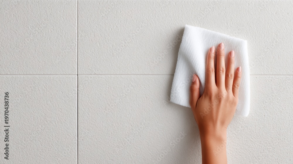 custom made wallpaper toronto digitalPerson’s hand, wiping kitchen surface, cleaning actions, Cleanliness Begins at Home - Hand Wiping Tiled Wall in Bright Kitchen Setting with Copy Space for Text