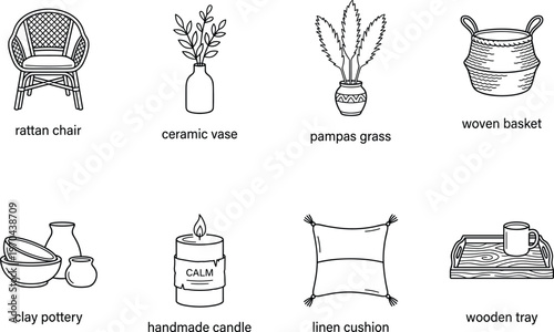 A collection of home décor items including a rattan chair, ceramic vase, and handmade candle