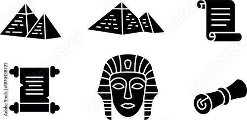 A collection of ancient Egyptian icons and symbols in black and white