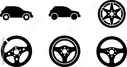 A set of black car and steering wheel icons on a white background