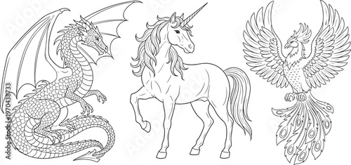 Three mythical creatures drawn in a line art style together