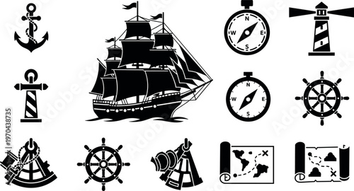 A collection of nautical icons including a ship and navigation tools