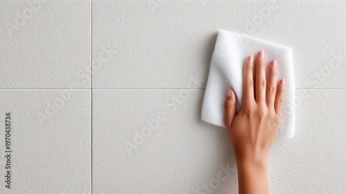 Wallpaper Mural Person’s hand, wiping kitchen surface, cleaning actions, Cleanliness Begins at Home - Hand Wiping Tiled Wall in Bright Kitchen Setting with Copy Space for Text Torontodigital.ca