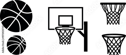 A collection of basketball related icons including balls and hoops