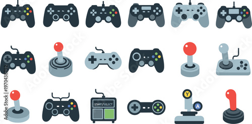 A collection of various gaming controllers and joysticks for video games