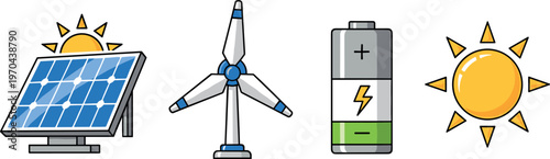 Renewable energy sources including solar panels and wind turbines with battery storage