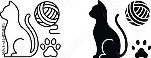 A black and white illustration of cats and balls of yarn on a clean background