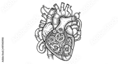 Intricate steampunk human heart illustration with gears and pipes, a complex mechanical and anatomical fusion design.