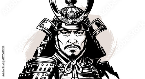 Powerful Traditional Japanese Samurai Warrior in Full Ornate Armor, Illustrative Portrait of Ancient Asian Culture and Strength