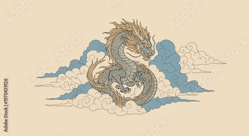 Majestic Asian Dragon Illustration with Traditional Clouds, Mythical Creature Vector Art, Symbolic East Asian Power Beast