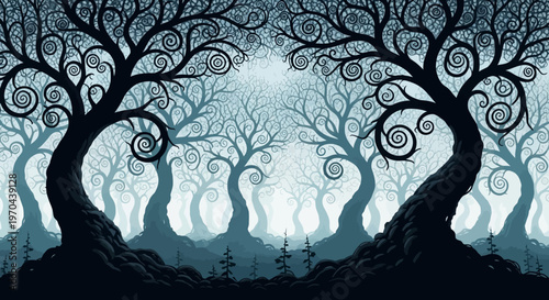 Eerie mystical forest illustration with dark, stylized trees and swirling bare branches, creating an enchanting, magical dreamscape