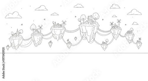 Fantasy floating islands landscape line art illustration. Whimsical sky world with clouds, stars, and connected platforms for games or coloring