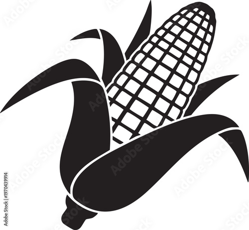 Black silhouette of an ear of corn with leaves