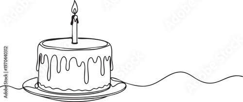 A minimalist line drawing of a birthday cake with a lit candle on top