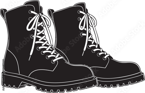 A pair of black combat boots with white laces