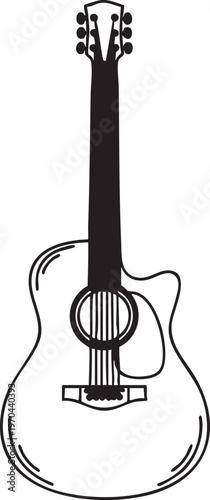 A black and white illustration of an acoustic guitar