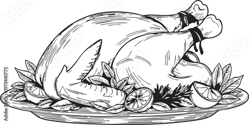 A black and white illustration of a roasted turkey on a platter with lemons and herbs