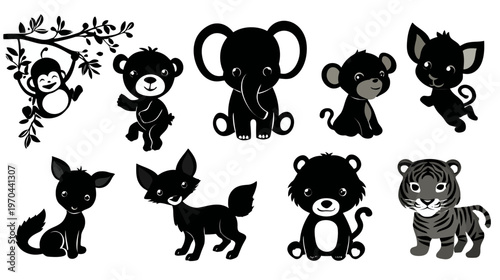 Adorable baby jungle and safari animal silhouettes collection. Cute cartoon wildlife vector illustrations featuring monkey, elephant, tiger, bear.