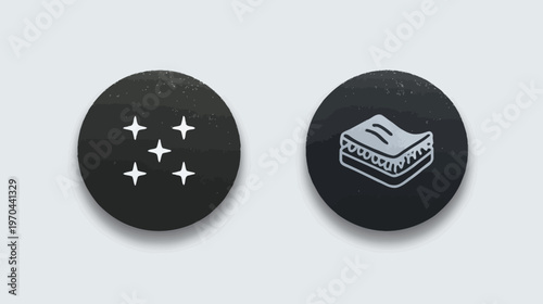 Cleaning icons set with sparkle and sponge symbols on dark circles, illustrating hygiene, freshness, and quality graphic elements.