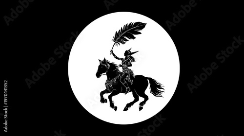 Stylized Silhouette of a Warrior on a Galloping Horse Holding a Large Feather within a White Circle on a Black Background