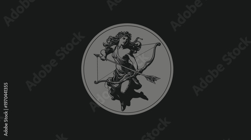 Mythological female archer illustration in grayscale, a vintage-style depiction of a powerful goddess with bow and arrow.