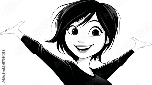 Expressive monochrome animated woman with a wide, cheerful smile and welcoming open arms gesture, full of joy and enthusiasm