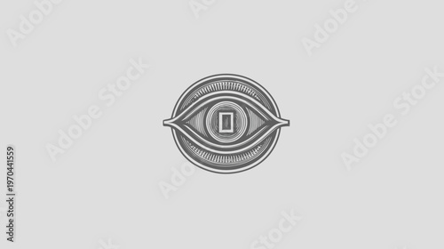 Embossed silver eye symbol with square pupil in a circular frame. Abstract concept for vision, observation, privacy, and digital security.