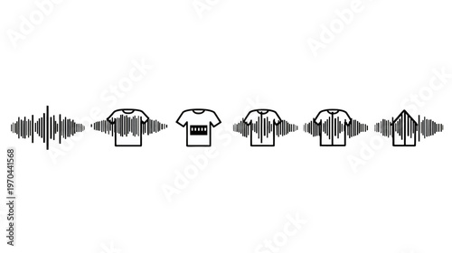 Digital audio waveform icons with t-shirt and house outlines, representing sound, music, voice control, and smart technology concepts