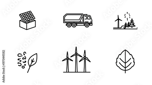 Eco-Friendly Sustainability Icons Set: Solar Energy, Wind Power, Waste Management & Nature Line Symbols