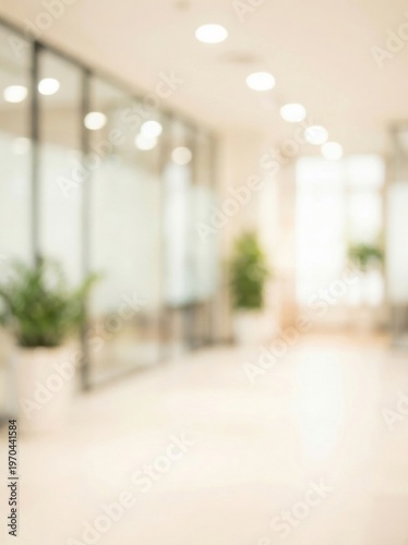 blurred bright modern office corridor with glass partitions and green plants, clean professional workplace interior, minimal background for business, corporate, healthcare, tech banners and web design