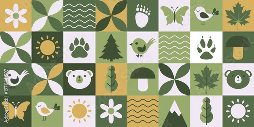 Geometric nature background with woodland elements like mountains, trees, animals and birds. Ecology background.