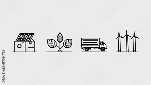 Sustainable Energy & Eco-Friendly Solutions Icon Set: Solar Power, Green Growth, Clean Transport, Wind Turbines Graphics