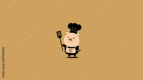 Charming cartoon pig chef wearing a tall toque hat and apron, holding a spatula, ready to cook, cute culinary mascot illustration