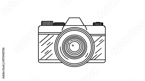 Minimalist Line Art Camera Icon. Simple Photography Device Graphic Illustration. Black and White Vector Element.