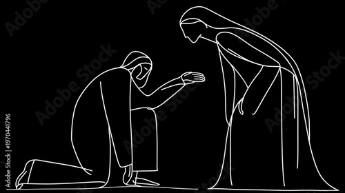 Minimalist Line Art of Kneeling Person Humbly Offering or Asking to Standing Figure, Symbolic Interaction on Black Background