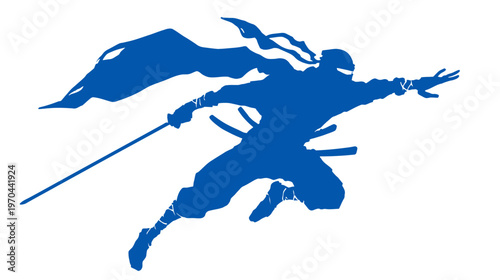 Dynamic Blue Ninja Silhouette Vector. Martial Arts Warrior with Katana and Flowing Cape in Action Pose.