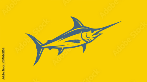 Blue Marlin Fish Illustration on a Bright Yellow Background.