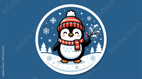 Cute penguin wearing a hat and scarf in a winter scene.
