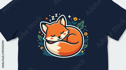 Cute sleeping fox design on a navy blue t-shirt.