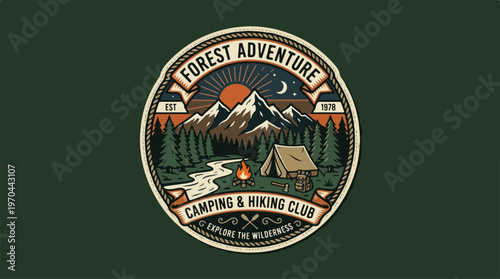 Forest Adventure Camping and Hiking Club Emblem Design.