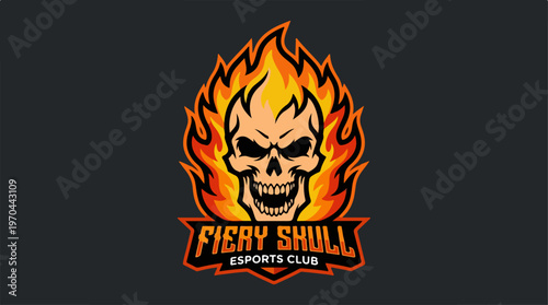 Fiery Skull Esports Club Logo Design on Dark Background.