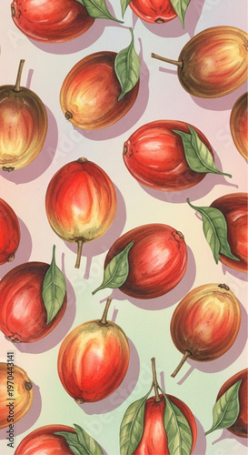 A vibrant array of sun-ripened apples scattered across a rustic surface, their luscious red skin gleaming with freshness. Leaves and shadows add natural touch. 