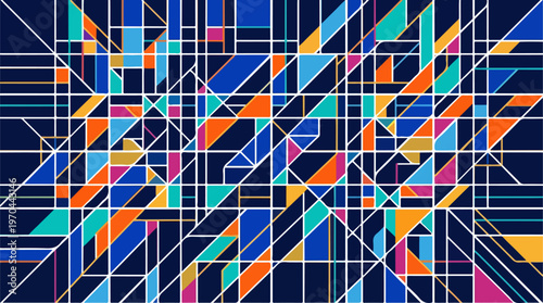 Geometric Abstract Composition with Colorful Triangles and Lines.