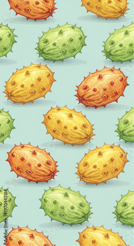 Vibrant Kiwano fruits pattern on a blue backdrop, showcasing the unique textures and colors of these exotic delicacies.