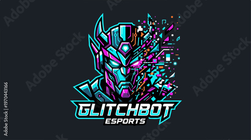 Glitchbot Esports Logo - Futuristic Robot Head with Digital Effects.