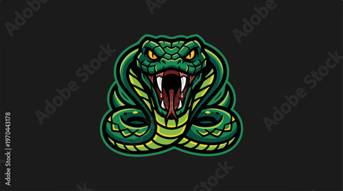 Green cobra snake illustration with open mouth and aggressive expression.