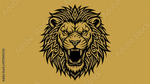 Majestic lion head illustration, roaring with intense expression, golden background.