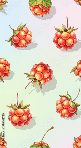 A vibrant repeating pattern of cloudberries in a digital illustration, showcasing their intricate textures and the subtle play of light and shadow, evoking a sense of freshness and natural beauty.