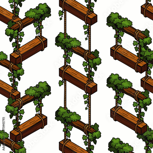 Seamless pattern of rustic wooden ladders and swings with lush green vines, an enchanting natural jungle adventure background texture in a charming cartoon style.